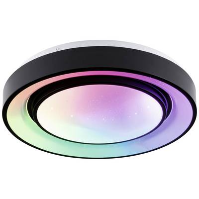 Kreisförmige Deckenleuchte mit mehrfarbiger Beleuchtung, die von innen nach außen in Rosa, Violett und Grün wechselt.