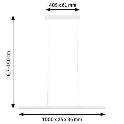 Pendelleuchte mit rechteckigem Lampenschirm. Obere Abdeckung 405 x 61 mm, untere 1000 x 25 x 35 mm. Höhenverstellbar 67-150 cm.