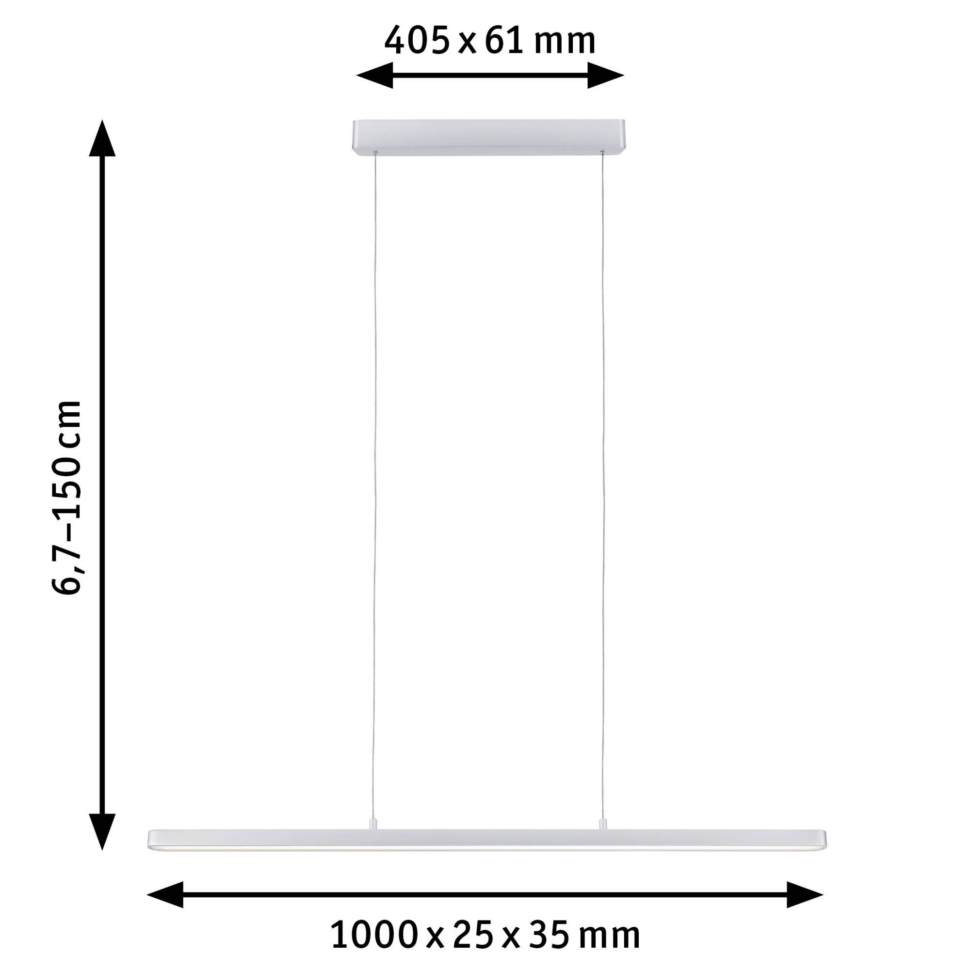 Hängende LED-Leuchte mit einstellbarer Höhe zwischen 6,7 und 150 cm. Maße der Leuchte 1000 x 25 x 35 mm, Deckenplatte 405 x 61 mm.