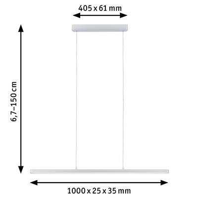 Hängende LED-Leuchte mit einstellbarer Höhe zwischen 6,7 und 150 cm. Maße der Leuchte 1000 x 25 x 35 mm, Deckenplatte 405 x 61 mm.