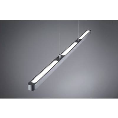 Eine moderne, längliche Pendelleuchte aus Metall mit drei Leuchtflächen, die von der Decke hängen.