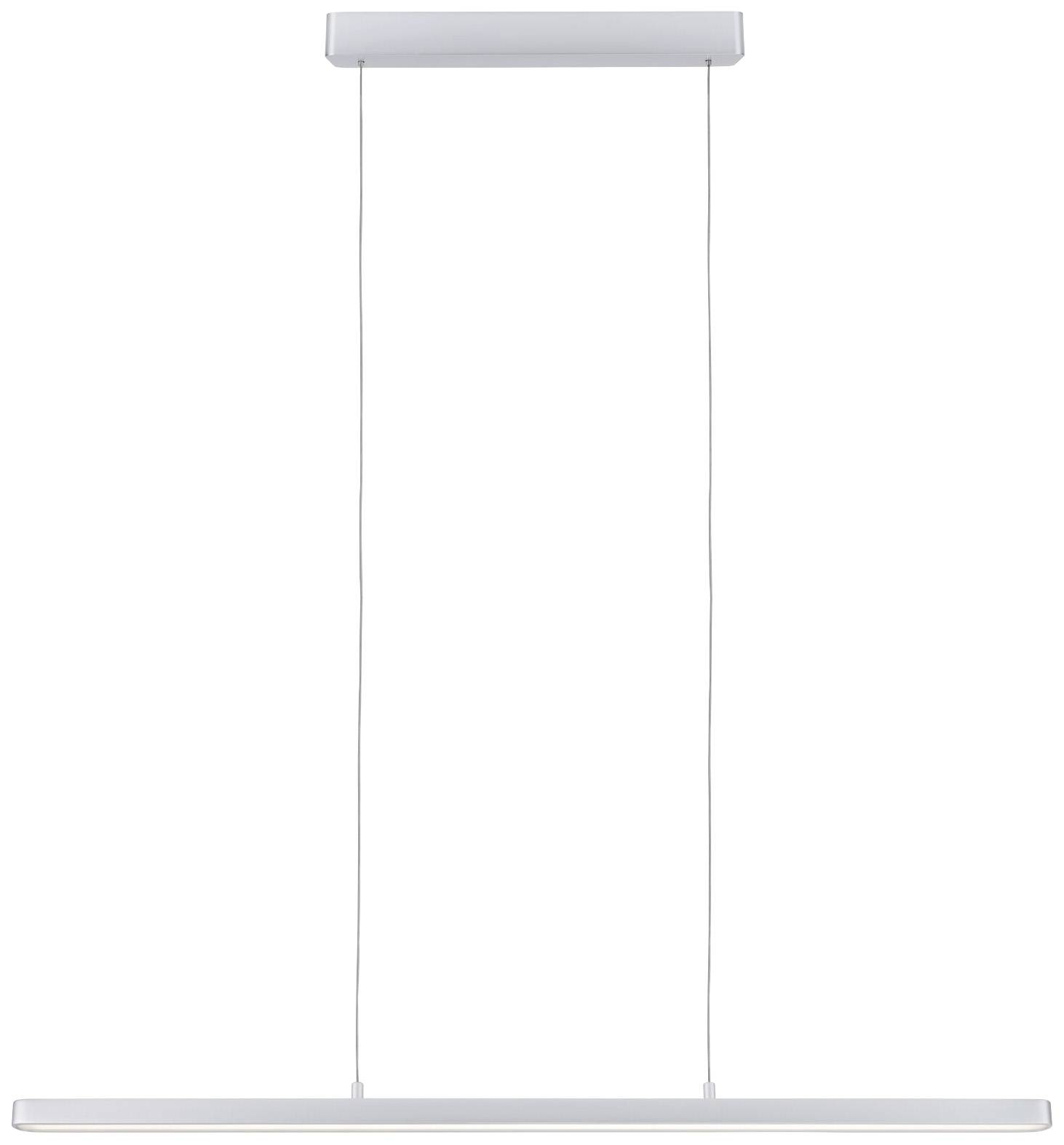 Eine moderne, minimalistische Hängelampe mit einem langen, schmalen Leuchtkörper, der an zwei dünnen Kabeln hängt.