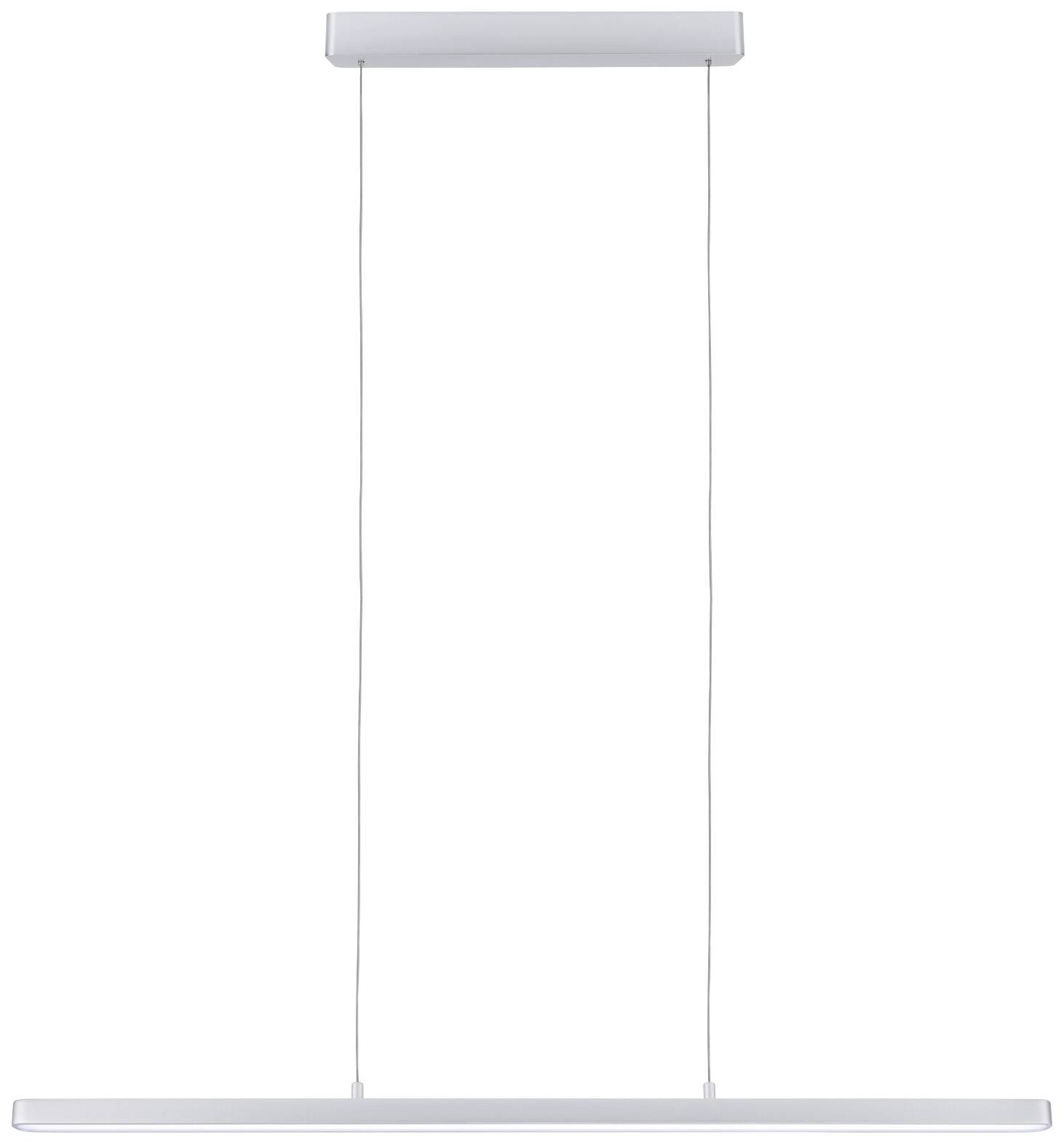 Eine moderne, minimalistische, rechteckige Pendelleuchte mit zwei dünnen Kabeln, die von einer rechteckigen Deckenhalterung aufgehängt ist.