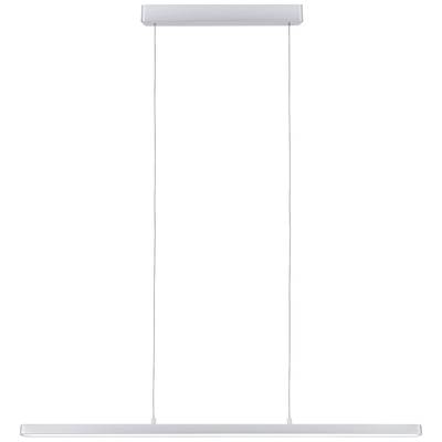 Eine moderne, minimalistische, rechteckige Pendelleuchte mit zwei dünnen Kabeln, die von einer rechteckigen Deckenhalterung aufgehängt ist.