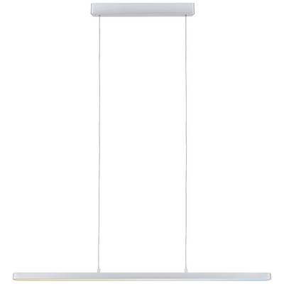Eine minimalistische, hängende LED-Leuchte mit rechteckigem Design, an zwei dünnen Kabeln von einer Deckenhalterung befestigt.