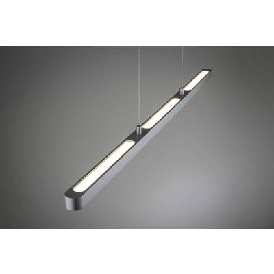 Längliche, moderne Hängelampe mit schmalem Design, gleichmäßig leuchtend, an zwei dünnen Kabeln aufgehängt.