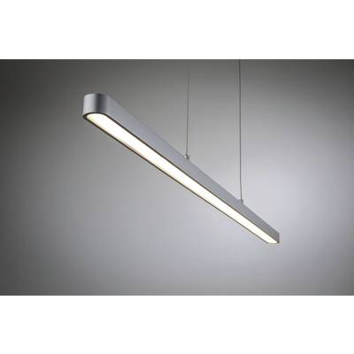 Moderne, längliche Deckenleuchte aus Metall, die an zwei dünnen Kabeln hängt und diffuses Licht abstrahlt; minimalistisch gestaltet.