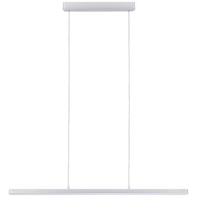 Moderne, minimalistische Pendelleuchte mit rechteckigem, flachem Gehäuse in Weiß; an zwei dünnen Kabeln befestigt.