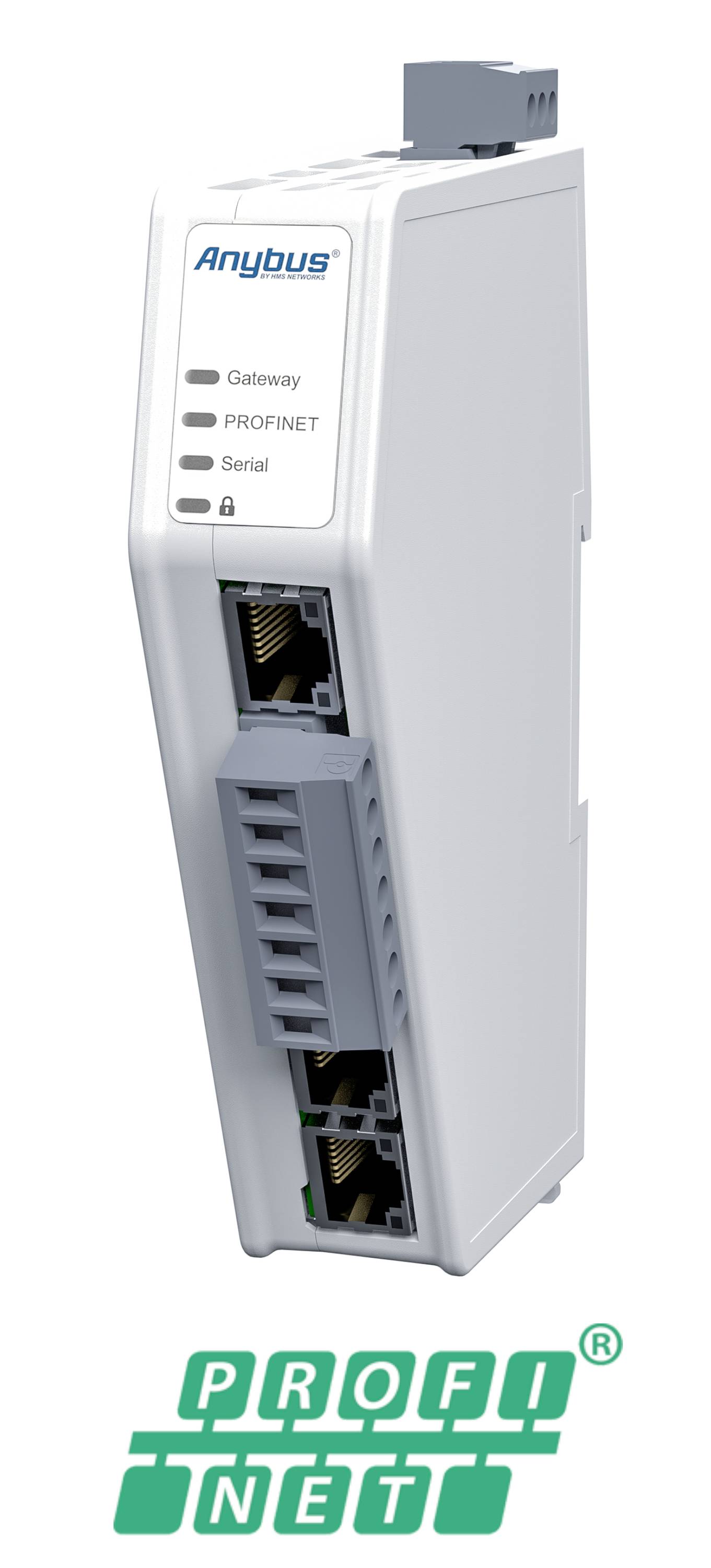 Ein Anybus-Gateway-Gerät, das PROFINET und serielle Schnittstellen unterstützt. Es ist weiß mit mehreren Anschlussports.