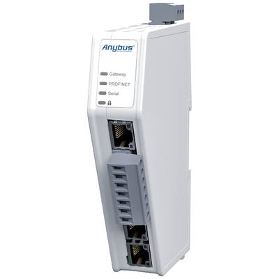 Ein weißes Kommunikationsmodul mit Ethernet-Anschlüssen und LEDs für 'Gateway', 'PROFINET' und 'Serial'. Verwenden in Netzwerkverbindungen.