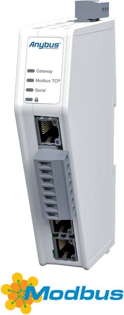 Ein Gateway-Gerät von Anybus mit Anschlüssen für Modbus TCP und Serielle Verbindungen. Modbus-Logo unten rechts.