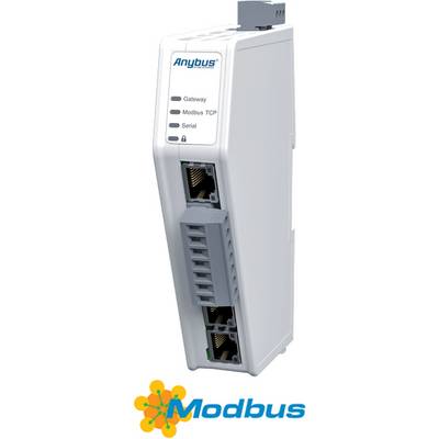 Ein Gateway-Gerät von Anybus mit Anschlüssen für Modbus TCP und Serielle Verbindungen. Modbus-Logo unten rechts.