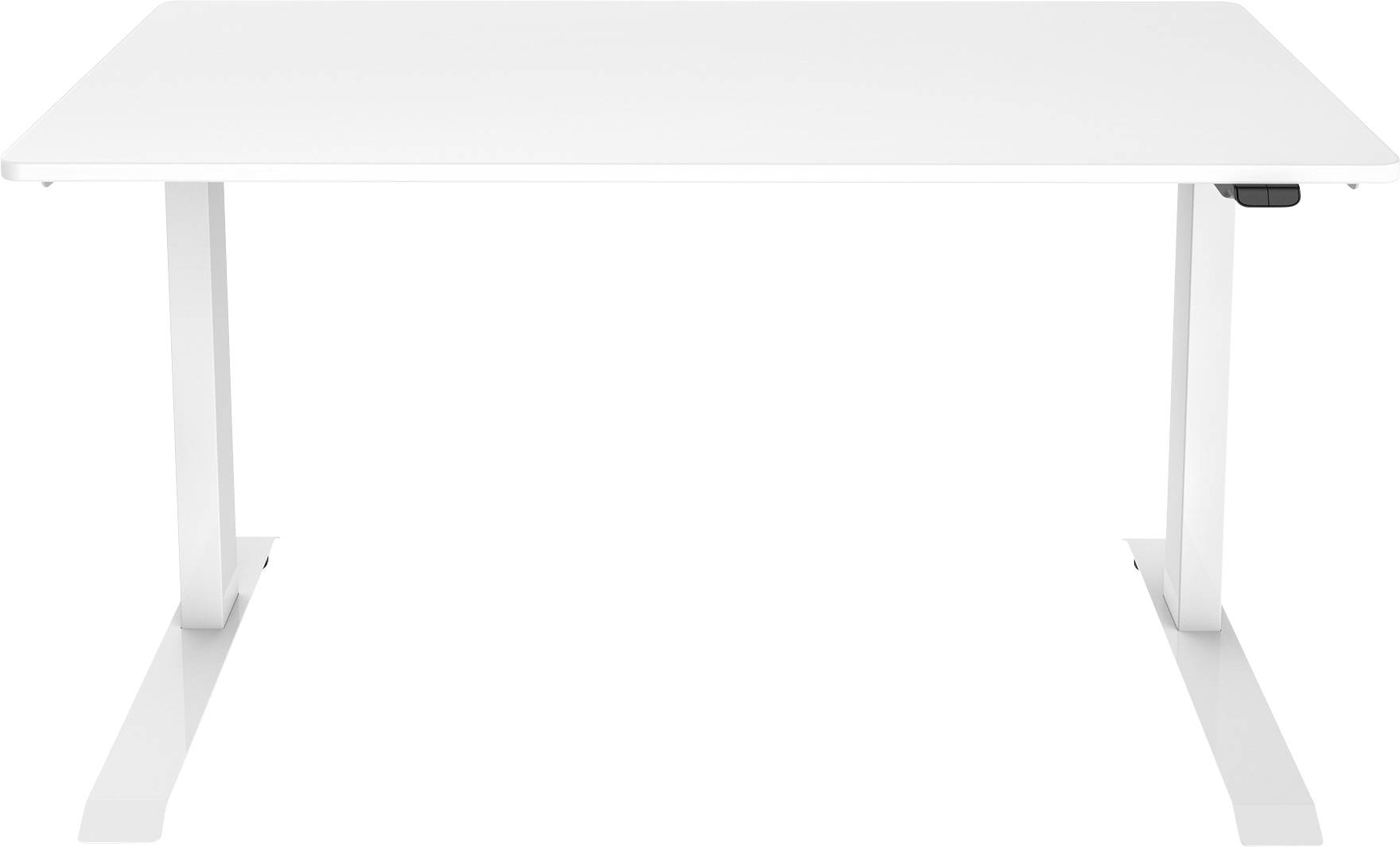 Ein weißer, rechteckiger Schreibtisch mit T-förmigem Gestell in minimalistischer Ausführung, geeignet für Büro- oder Heimarbeitsplätze.