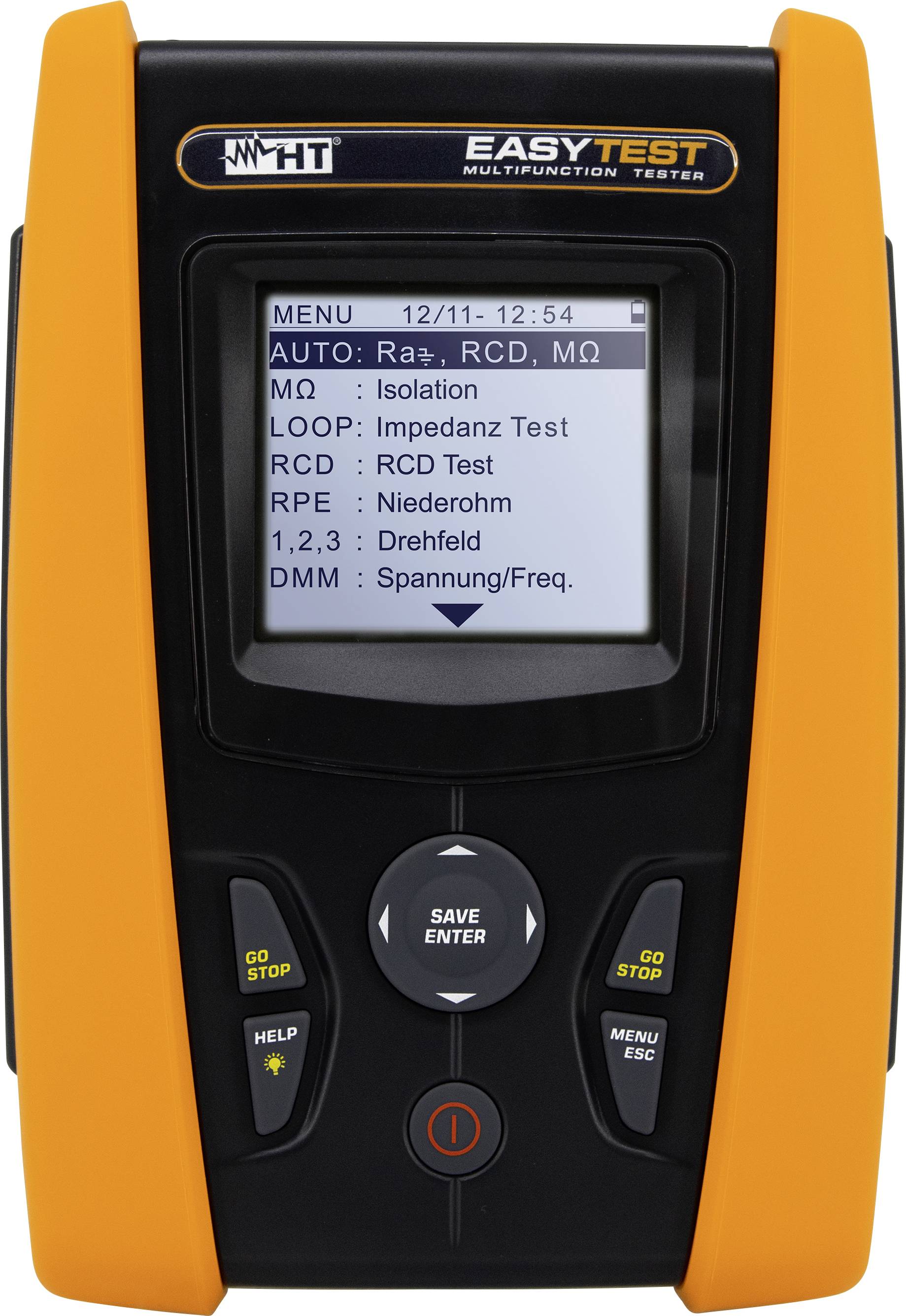 Ein Multifunktionsmessgerät zeigt ein Menü auf dem Bildschirm mit Optionen wie Isolation, Schleife, RCD-Test und Frequenz.