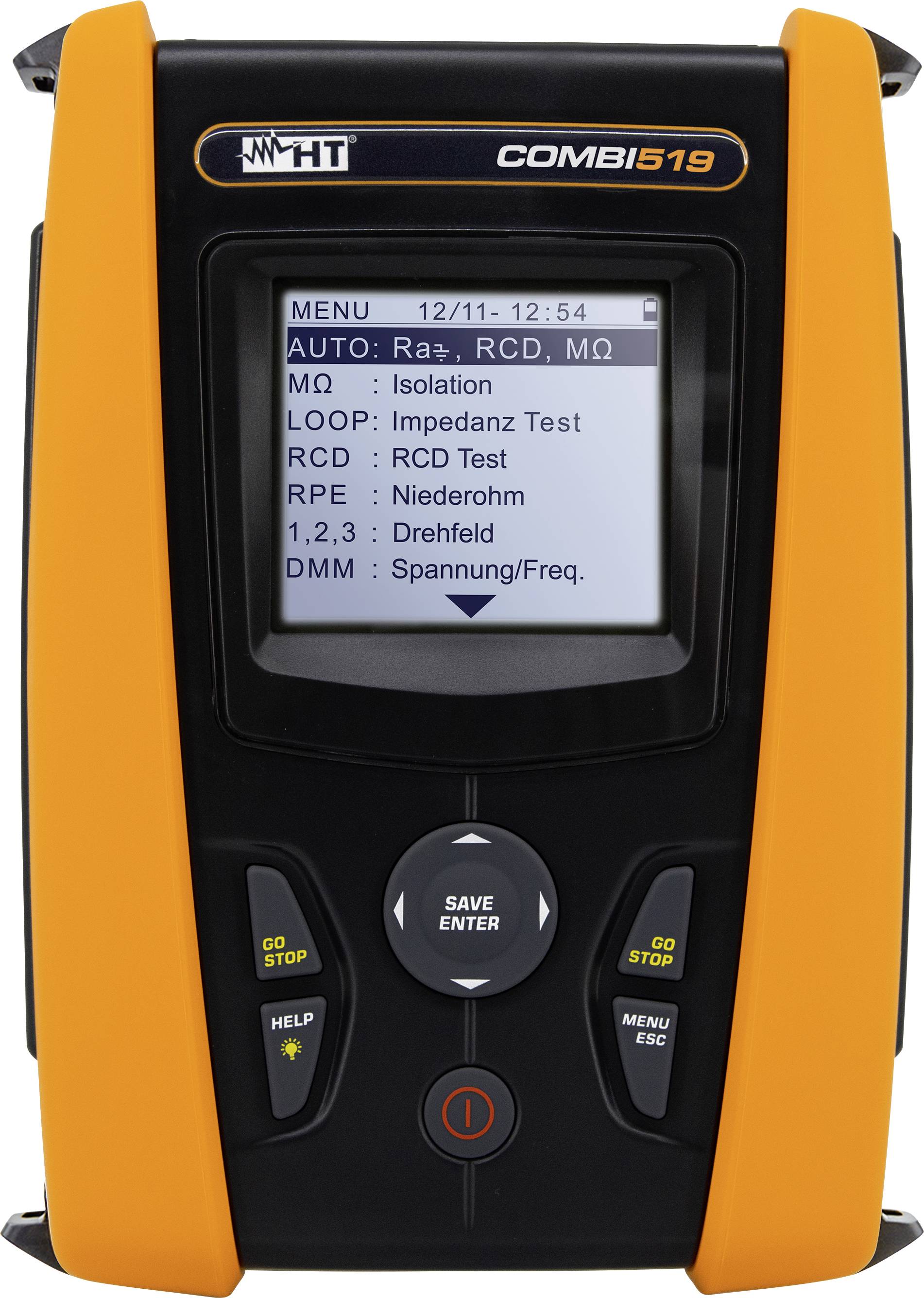 Ein Prüfgerät mit Display zeigt ein Menü für automatische Tests wie Isolation, Schleifentest und Spannungsmessung.
