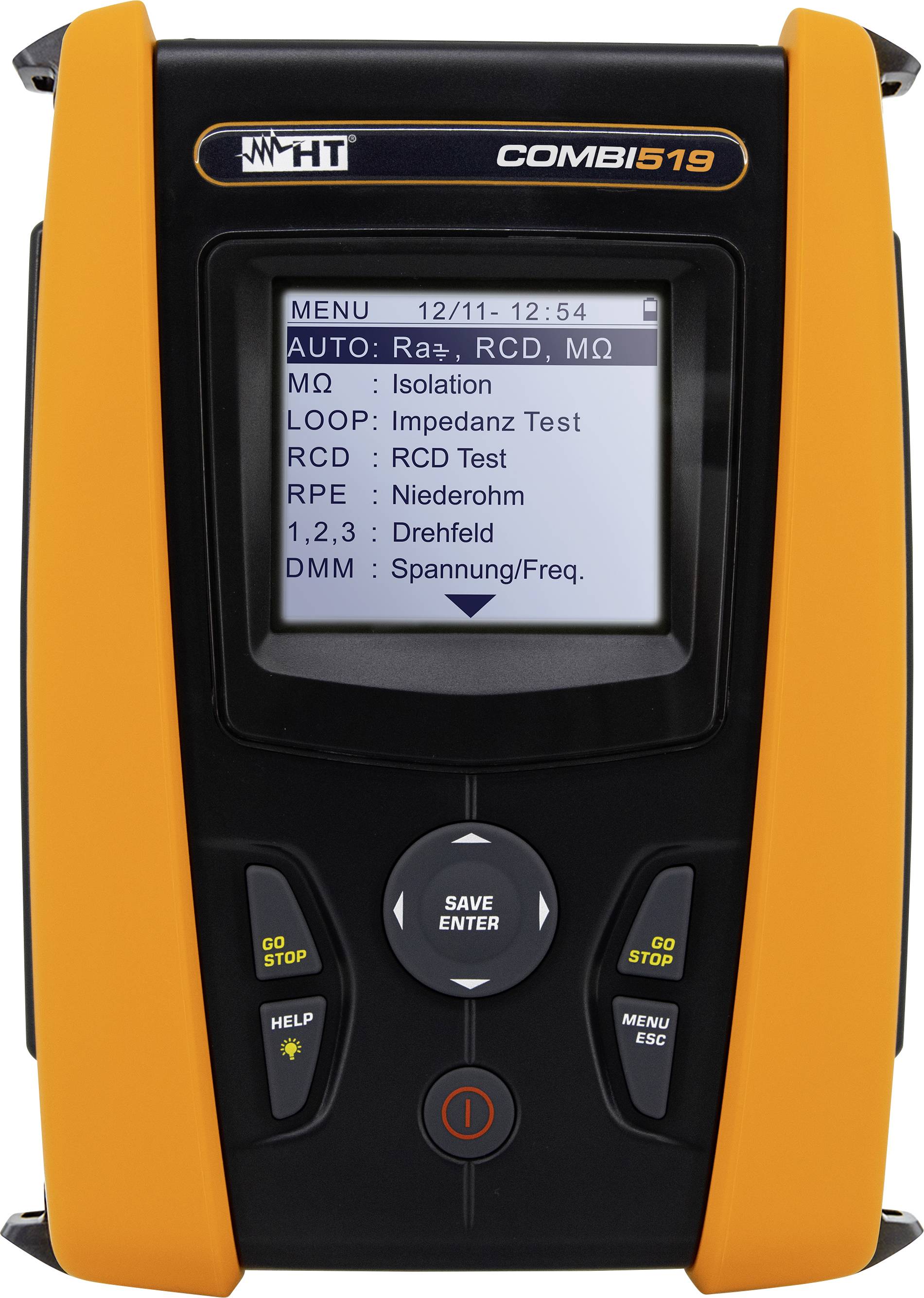 Ein tragbares Prüfgerät mit orangem Gehäuse und einem Display, das verschiedene Messoptionen zeigt, darunter Isolation und Spannung.