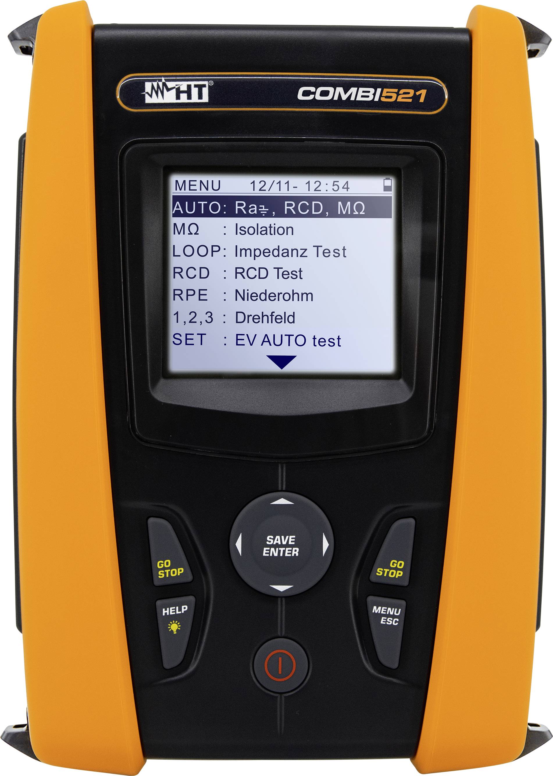 Multifunktionsgerät zur elektrischen Prüfung. Zeigt Ergebnisse wie Isolation, Impedanz und RCD-Test auf einem LCD-Bildschirm.