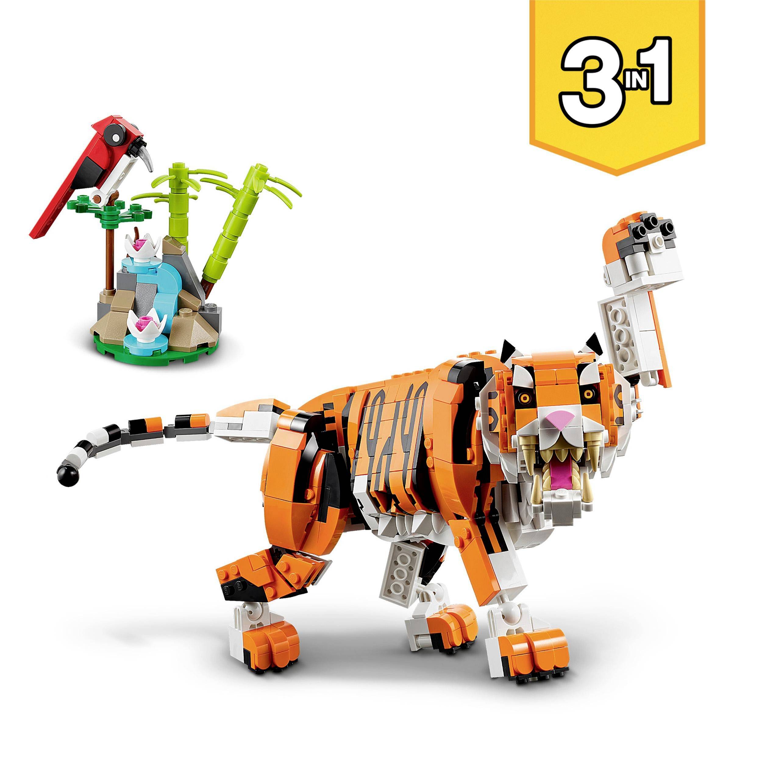 Lego-Set '3 in 1': Ein Tiger aus Legosteinen, mit optionalem Papagei und Pflanzen. Enthält Bausteine für verschiedene Modelle.