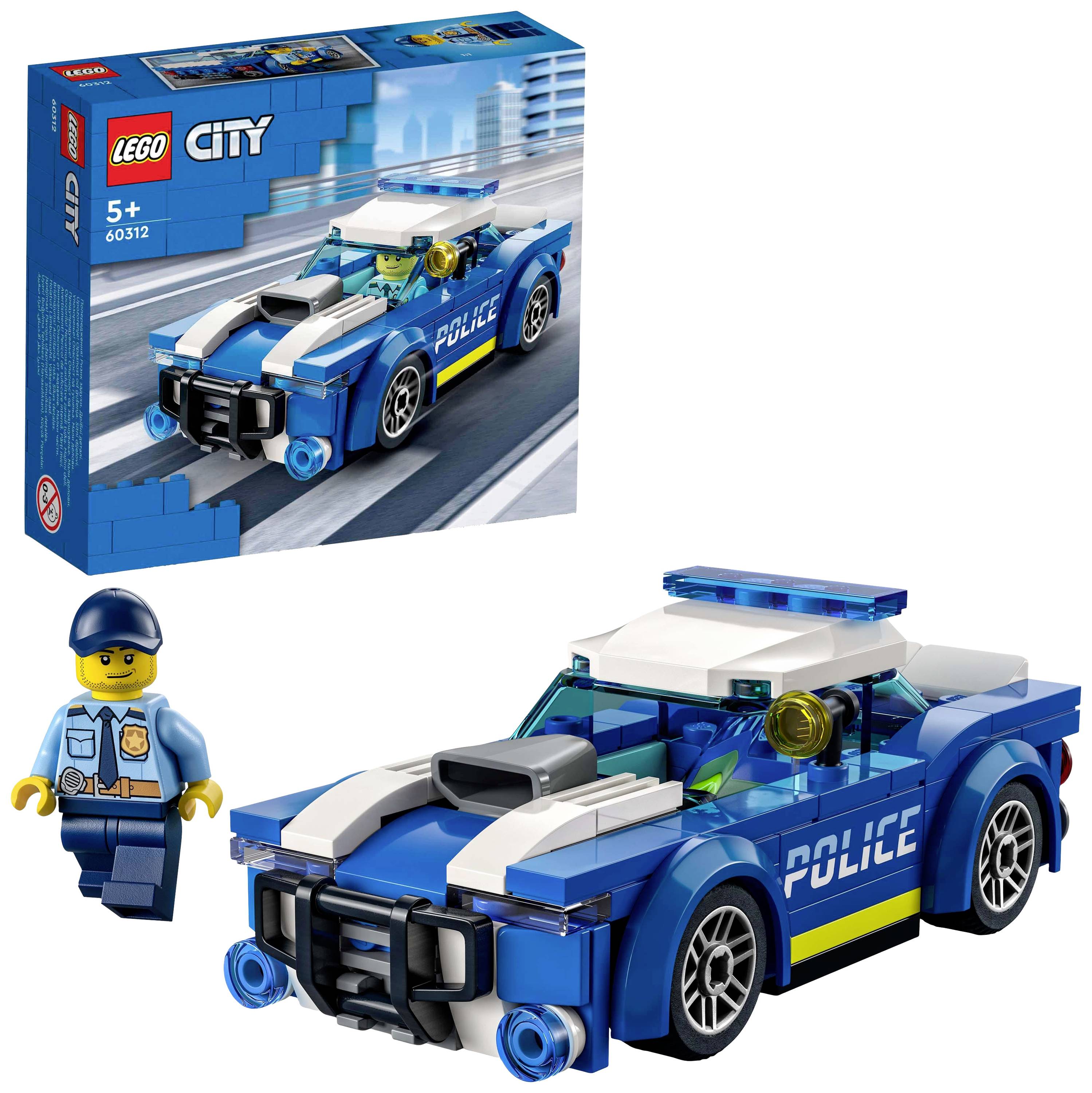 Lego City Polizeiauto-Set mit blau-weißem Polizeiwagen und Polizist-Figur. Verpackung zeigt das fertige Modell. Geeignet ab 5 Jahren.