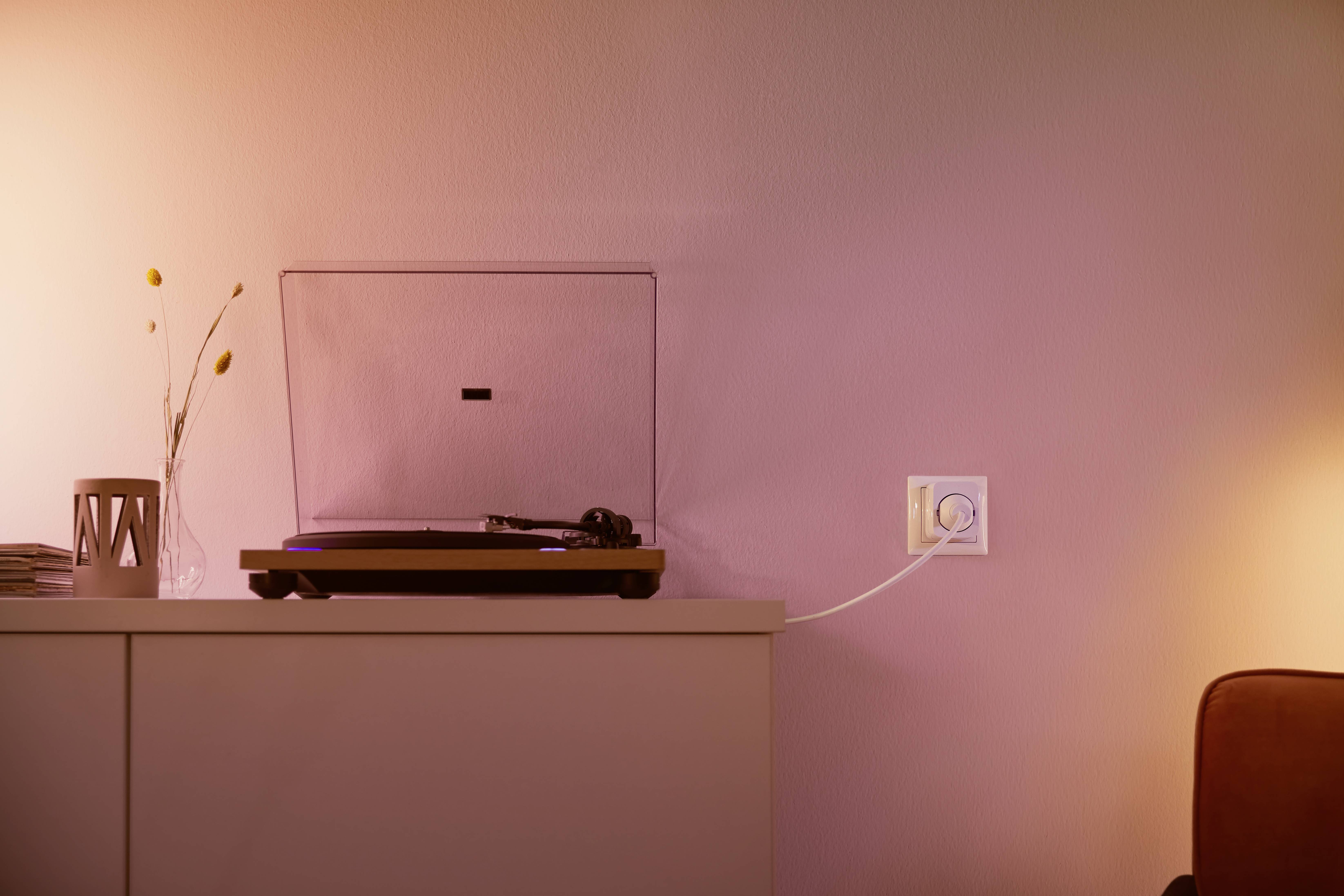 Plattenspieler auf einem Schrank, daneben eine Vase mit Trockenblumen und eine Steckdose an der cremefarbenen Wand.