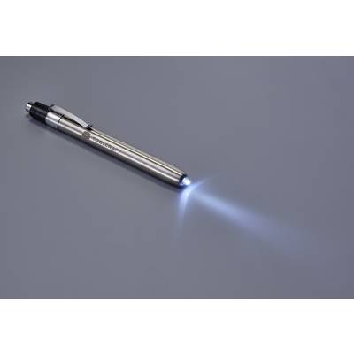 Silberner Stift-Taschenlampe auf grauer Fläche, leuchtet hell vorne.