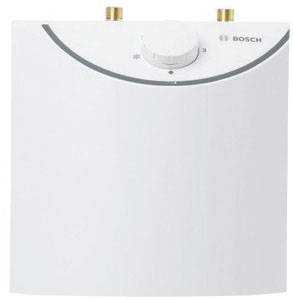 Ein kompakter, weißer Bosch-Wasserboiler mit einem zentralen Temperaturregler, geeignet für kleine Räume und effiziente Warmwasserversorgung.