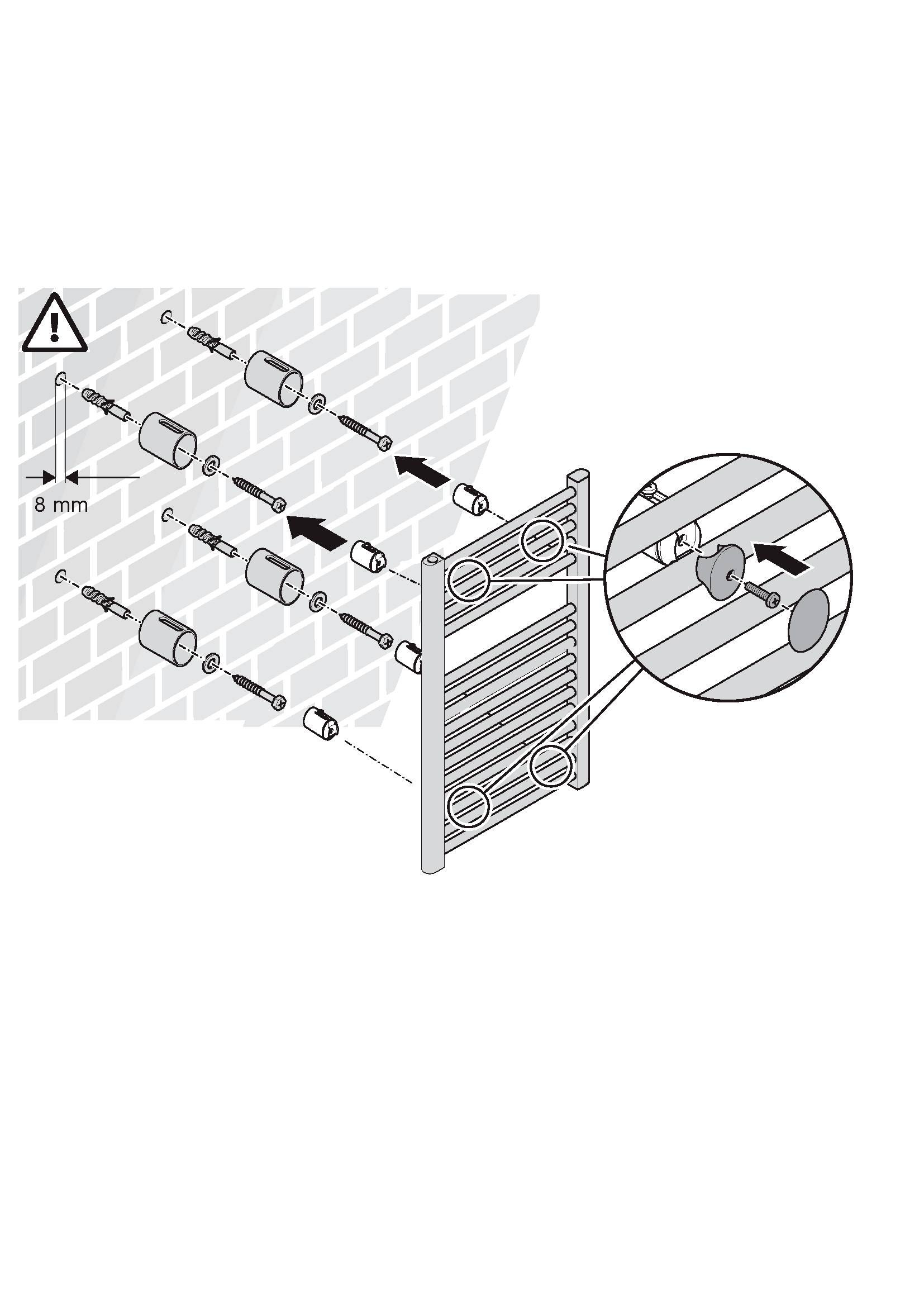 'Illustration zur Montage eines Handtuchhalters an einer Ziegelwand. Schritte mit Schrauben und Dübeln; Bohrergröße: 8 mm.'