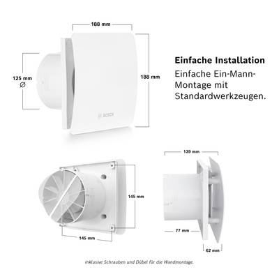 'Bosch' Lüftungssystem, Abmessungen gezeigt. Hauptbild zeigt Ventilator von vorne, Detailbilder von Seite und Rückseite. Text beschreibt leichte Installation mit Standardwerkzeugen.