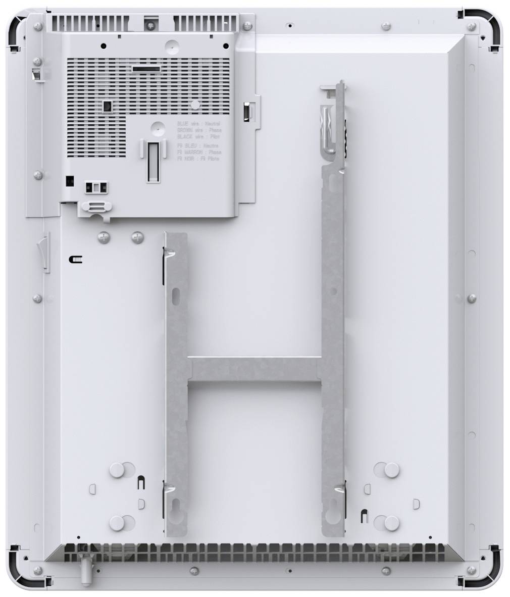 Rückseite eines elektronischen Geräts mit Belüftungsgittern und Montageschienen.