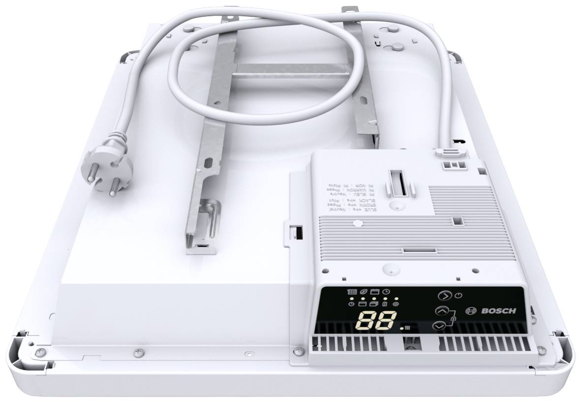 LED-Lampe von Bosch mit netzgekoppeltem Steuergerät und Kabel auf einer weißen Halterung, geeignet für Deckenmontage.