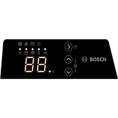 Schwarzes Bedienfeld eines Bosch-Backofens mit digitaler Anzeige '68', Symbolen für verschiedene Betriebsmodi und Tasten zur Steuerung.