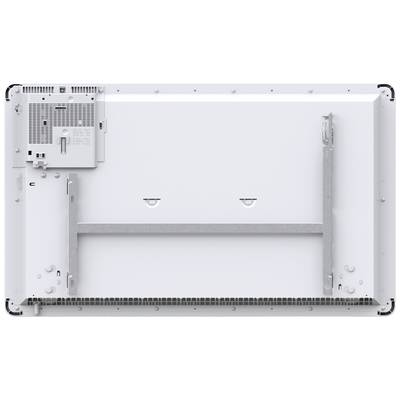 Ansicht der Rückseite eines Monitors mit Halterungen und Anschlussfach links oben. Geeignet für Wandmontage, standardisiertes Layout.