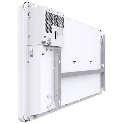 Ein weißes elektronisches Gerät, möglicherweise ein Bildschirm, aus seitlicher Perspektive. Es zeigt Lüftungsschlitze und Montagehalterungen.