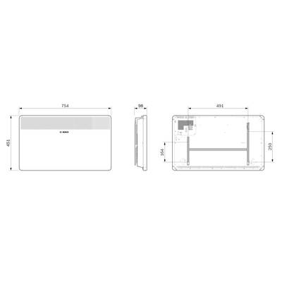 Technische Zeichnung eines rechteckigen Geräts mit Maßen: 754 mm x 451 mm vorne, 491 mm x 360 mm seitlich, Höhe 98 mm.
