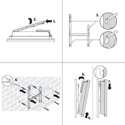 Installationsanleitung für Gardinenhalterung: 1. Montageplatte anbringen, 2. Haken einführen, 3. Schrauben eindrehen, 4. Wandbohrungen, 5. Abdeckung anbringen, 6. Fertige Montage kontrollieren.