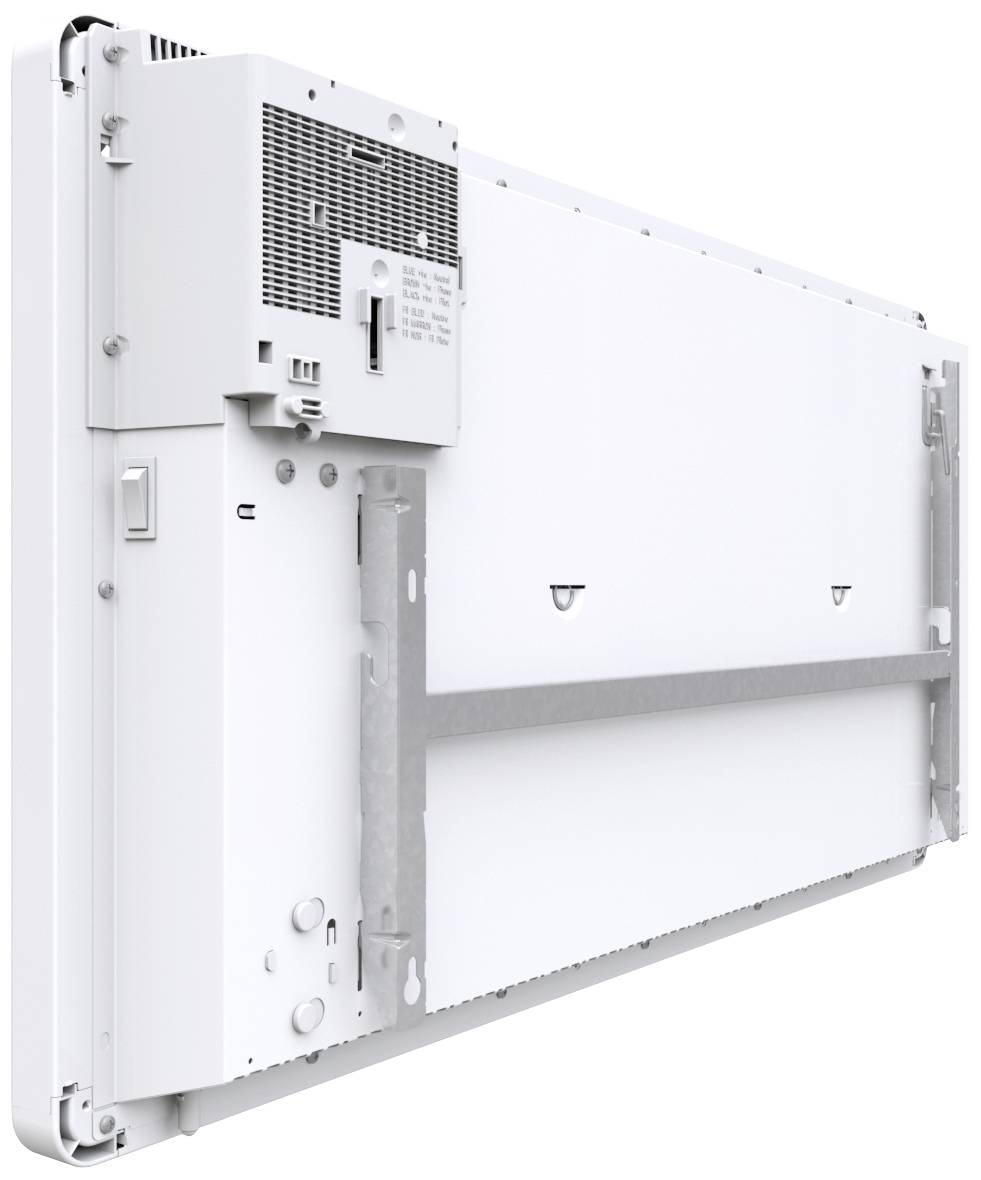 Weiße, rechteckige Metallplatte mit angebrachter Elektronik auf der Rückseite.