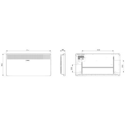 'Technische Zeichnung eines rechteckigen elektronischen Geräts mit Maßen: 354 mm Breite, 350 mm Höhe, 98 mm Tiefe, Front- und Seitenansicht.'