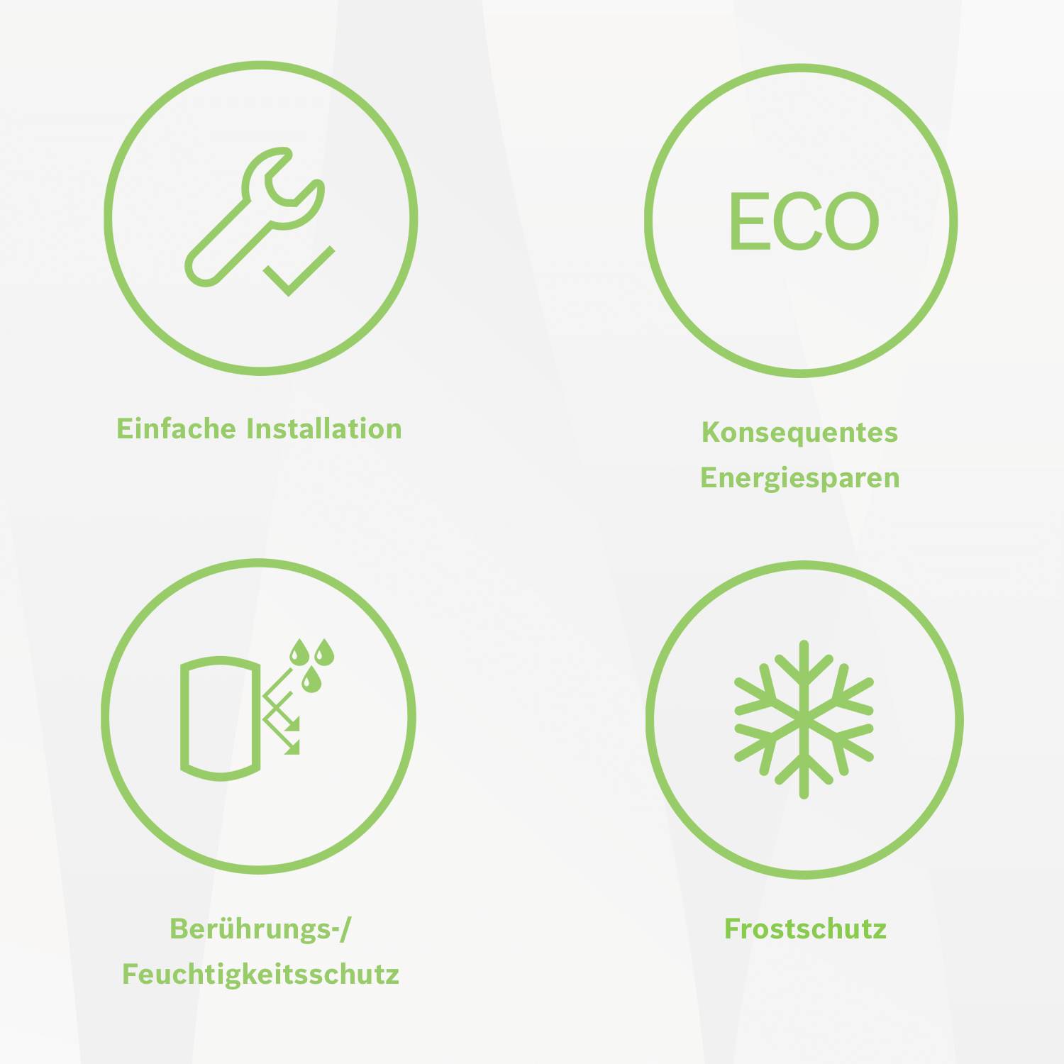 Vier grüne Symbole: 'Einfache Installation', 'Energiesparen', 'Berührungs-/Feuchtigkeitsschutz', 'Frostschutz'.