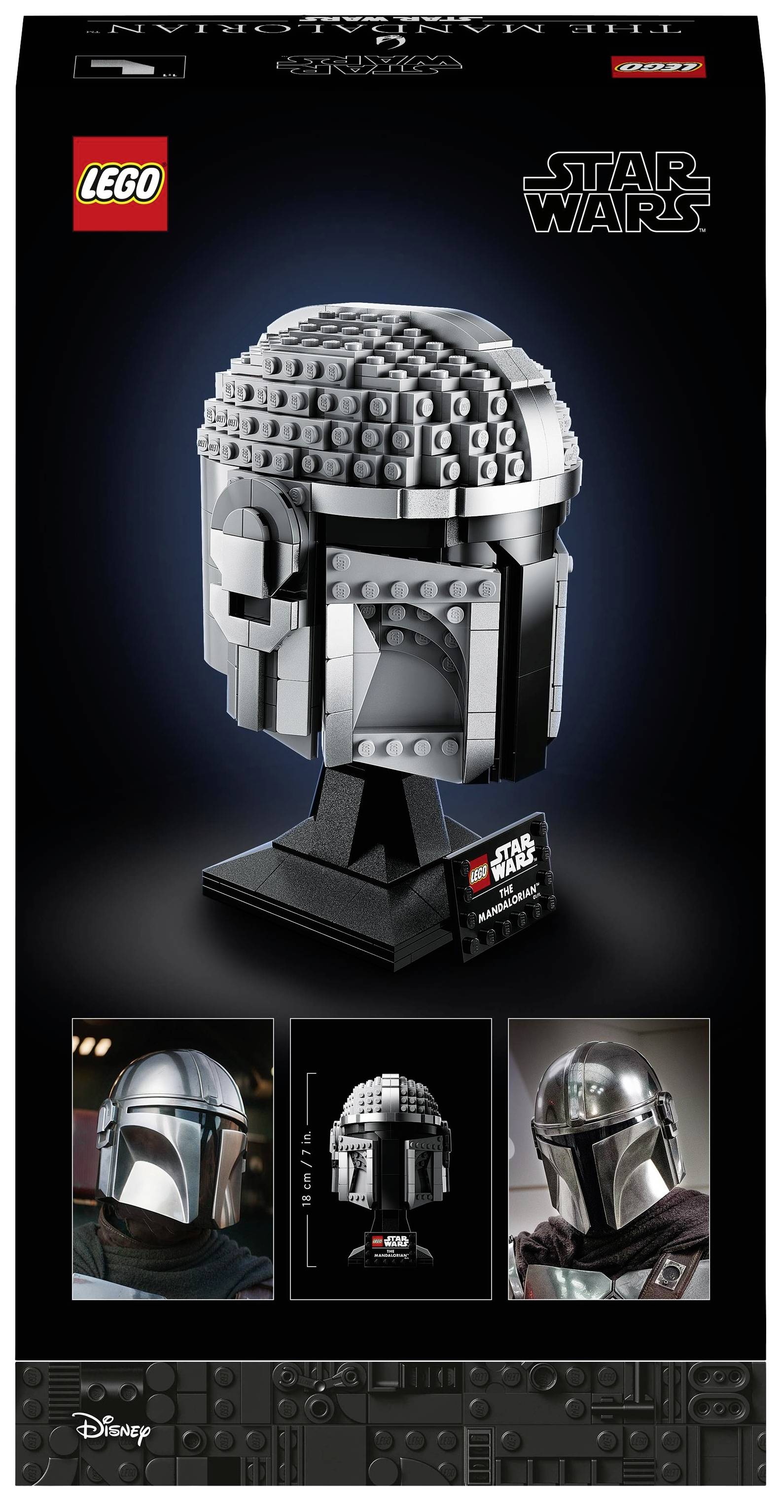 LEGO 'Star Wars' Helm des Mandalorianers auf schwarzem Hintergrund. Enthält Produktbilder und die Aufschrift 'LEGO Star Wars'.