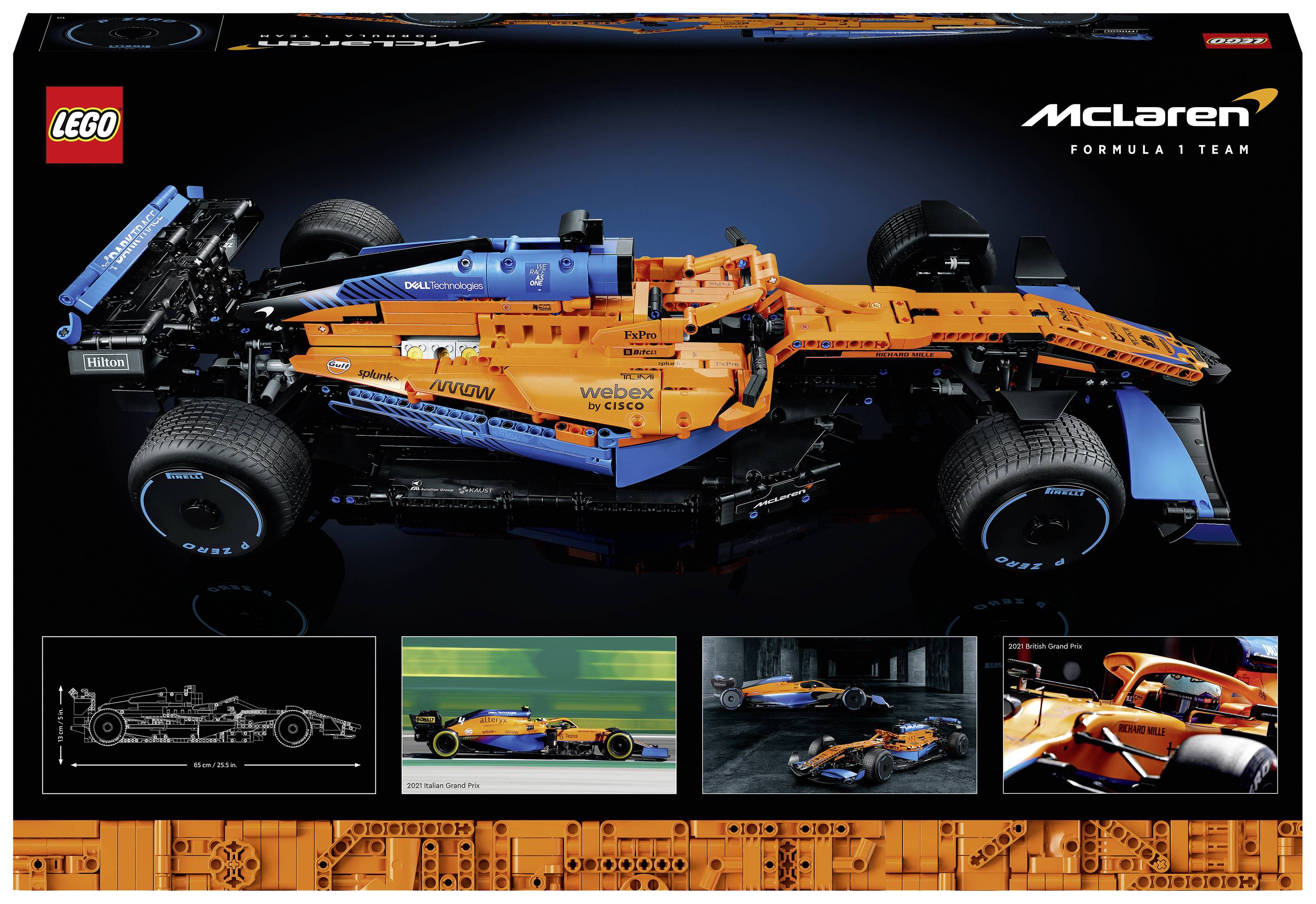 LEGO-Set der McLaren Formel 1, bestehend aus detaillierten Teilen, zeigt das Modellauto in verschiedenen Ansichten auf der Verpackung.