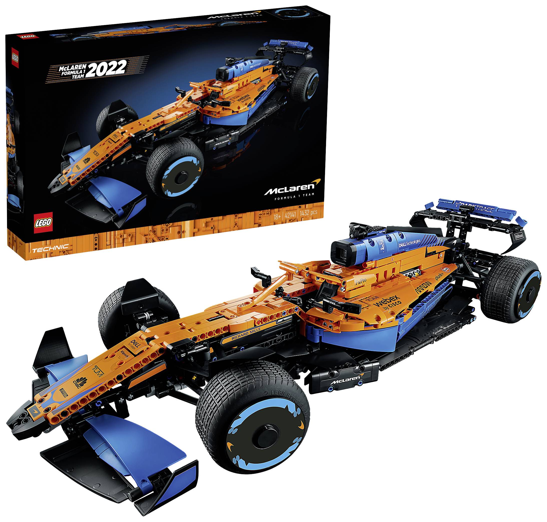 'Lego Technic Modell des McLaren Formel 1 Rennwagens 2022' in Blau und Orange neben der Verpackung, die identisch gestaltet ist.