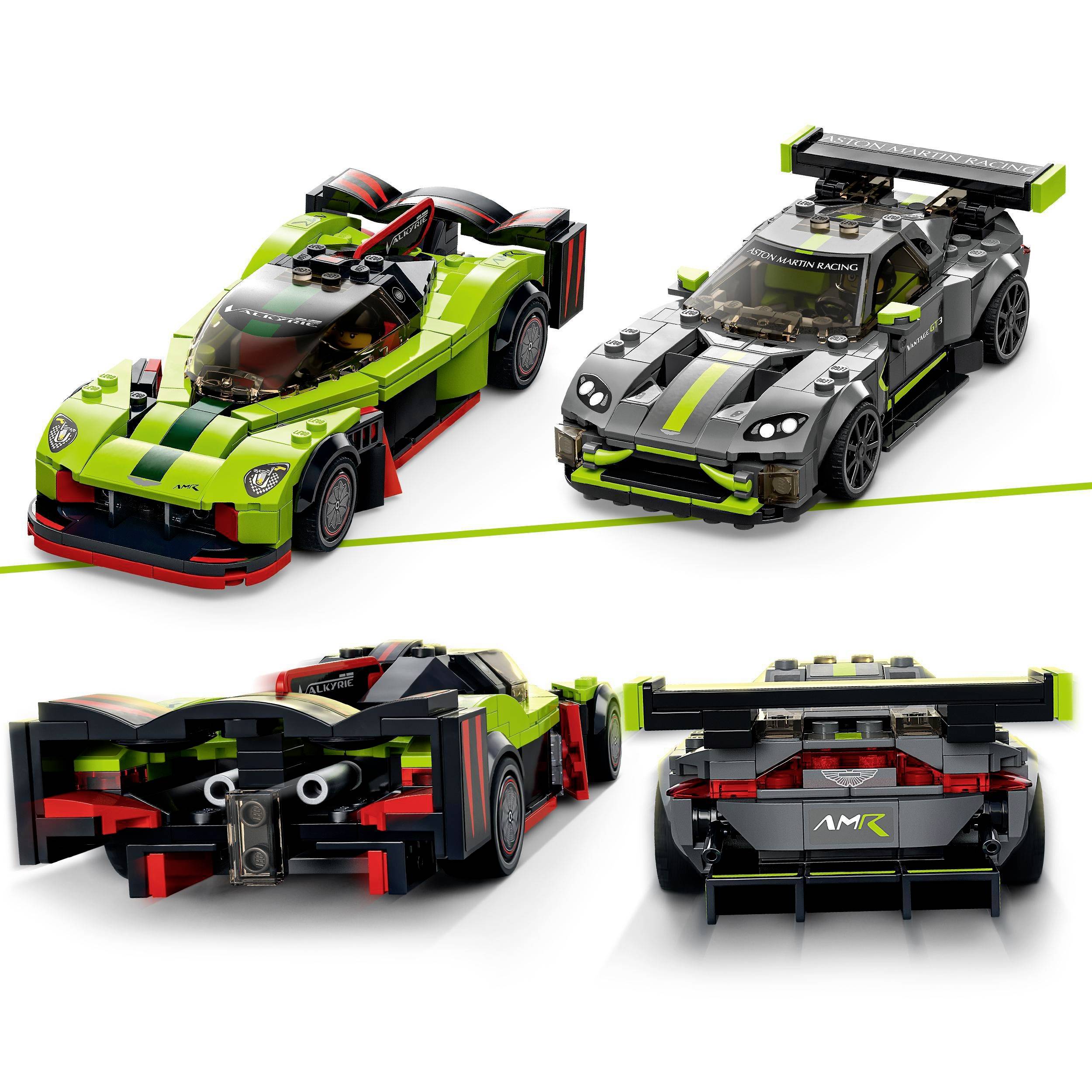 Zwei grüne LEGO-Sportwagen mit schwarzen und roten Details. Einer ist ein offener Rennwagen, der andere ein geschlossener GT3-Wagen.