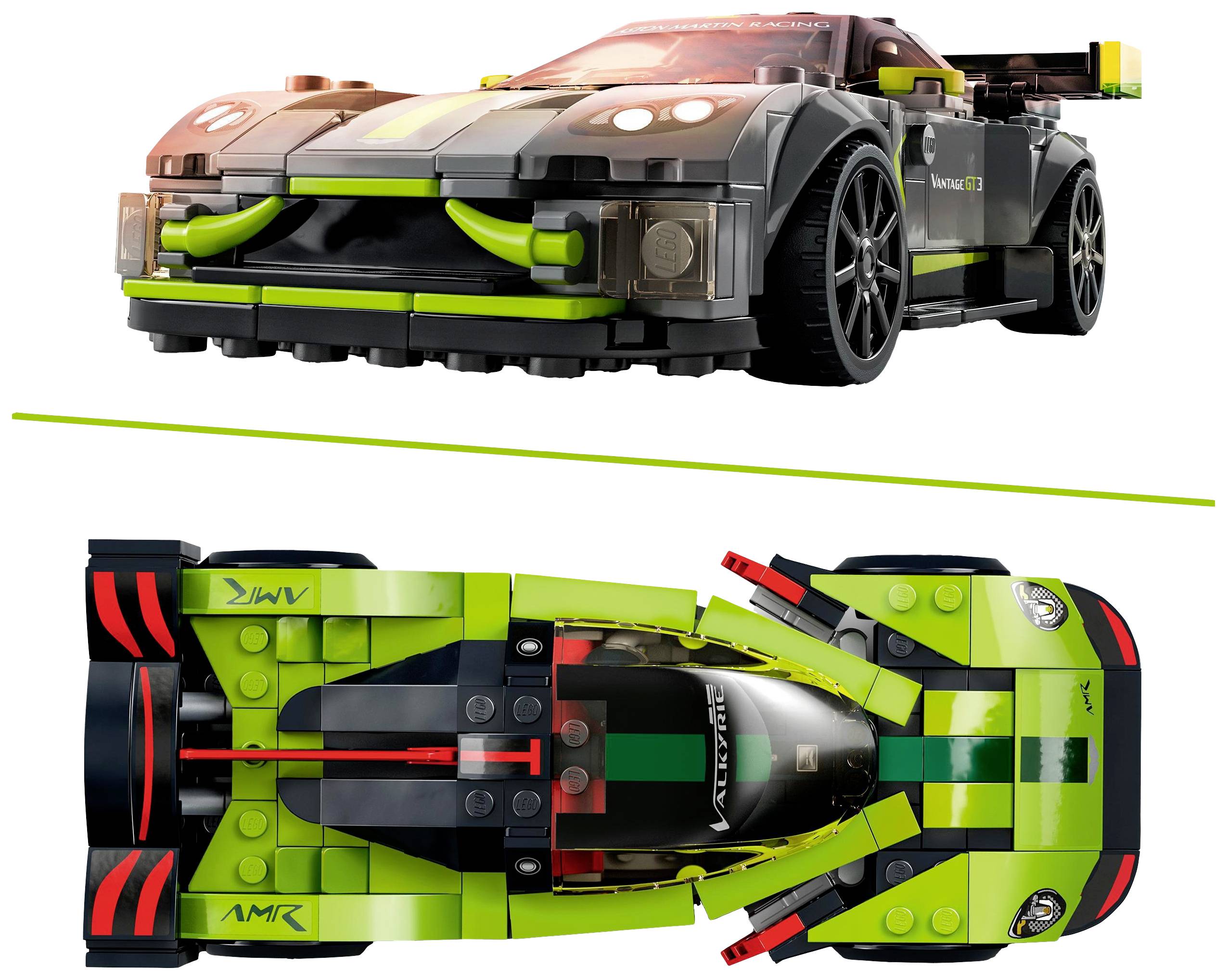 Ein Spielzeugauto-Set mit sportlichem Design: grüner und schwarzer Wagen mit auffälligen Akzenten und aerodynamischen Details.
