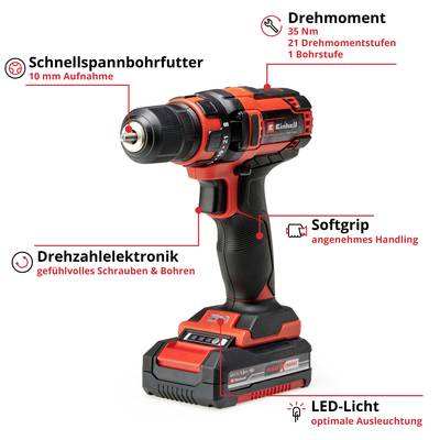 'Einhell Akkuschrauber' mit Softgrip für ergonomisches Handling, Schnellspannbohrfutter, Drehmoment von 35 Nm und LED-Licht für optimale Ausleuchtung.