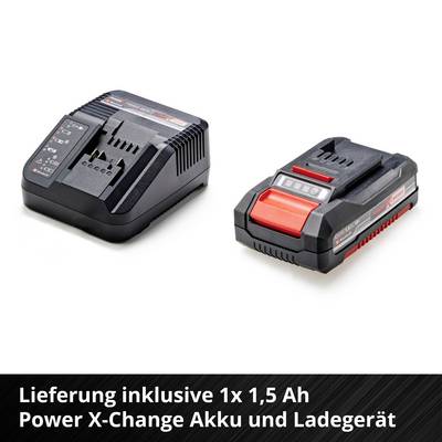 Akkuladegerät und Akku auf weißem Hintergrund. Text darunter informiert: 'Lieferung inklusive 1x 1,5 Ah Power X-Change Akku und Ladegerät'.