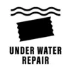 Das Bild zeigt ein abgeklebtes Symbol mit wellenförmigen Linien darüber und dem Text 'UNDER WATER REPAIR' darunter.