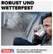 Ein Mann sitzt in einem Zelt und trinkt aus einem Becher. Der Text 'Robust und wetterfest' beschreibt die Eigenschaften eines Produkts.