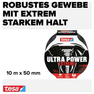 Robustes Klebeband von Tesa mit der Aufschrift 'Ultra Power Extreme'. Format: 10 m x 50 mm. Stark haltbares Gewebe.