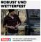 Mann repariert mit Klebeband ein Geländewagen im Wald; Text: 'Robust und wetterfest', 'Für Innen- und Außenbereich - wasserfest und UV-resistent'.