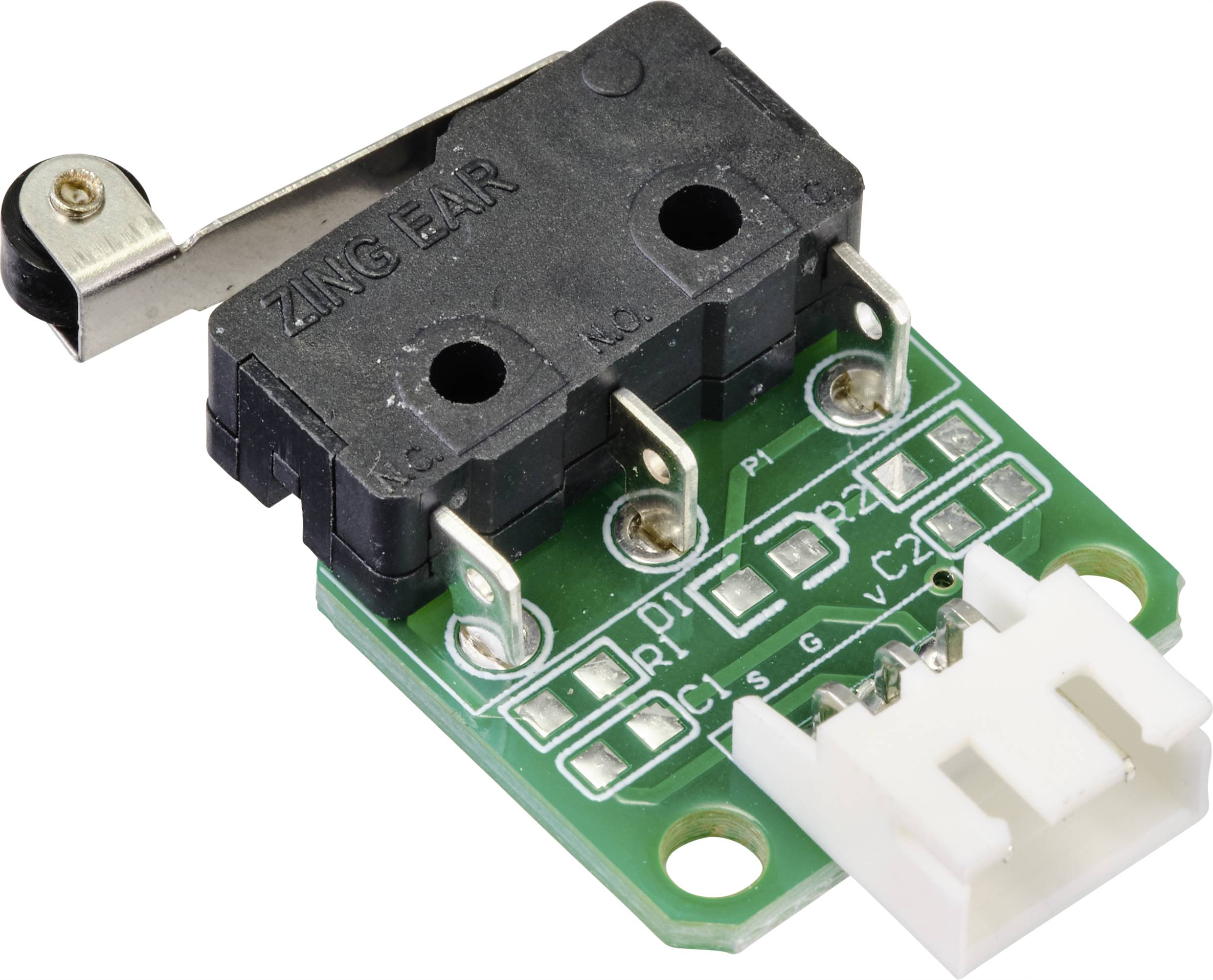 'Endschalter-Modul mit grünem PCB und Zing Ear Mikroschalter. Weiße Steckverbindung und drei Lötpins.'